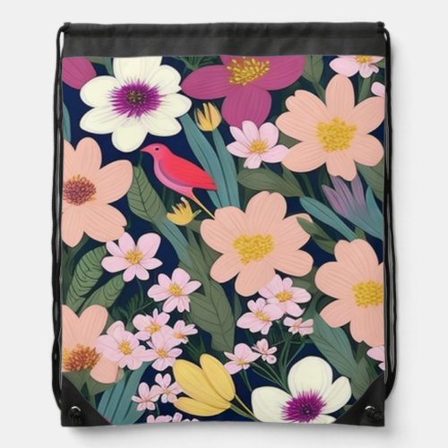 Colorful flowers pink lovely  drawstring bag