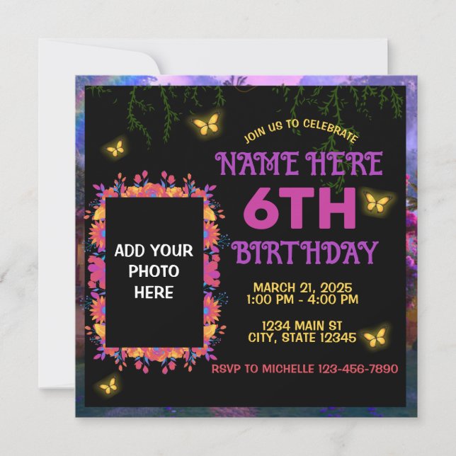 Colorful Flowers Pink Purple Butterfly Birthday Invitation (Front)
