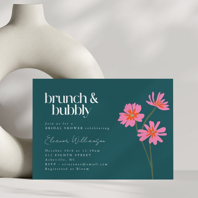 Colorful Flowers Pink Teal Floral Brunch Bubbly Invitation (Creator Uploaded)