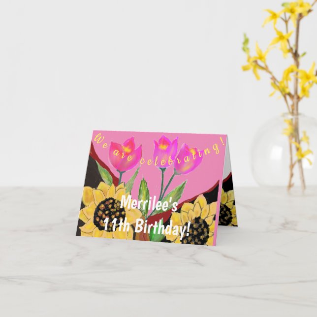 Colorful Flowers Pink Tulips & Yellow Sunflowers Card (Yellow Flower)