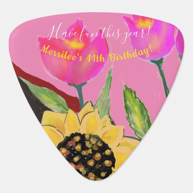 Colorful Flowers Pink Tulips & Yellow Sunflowers Guitar Pick (Front)