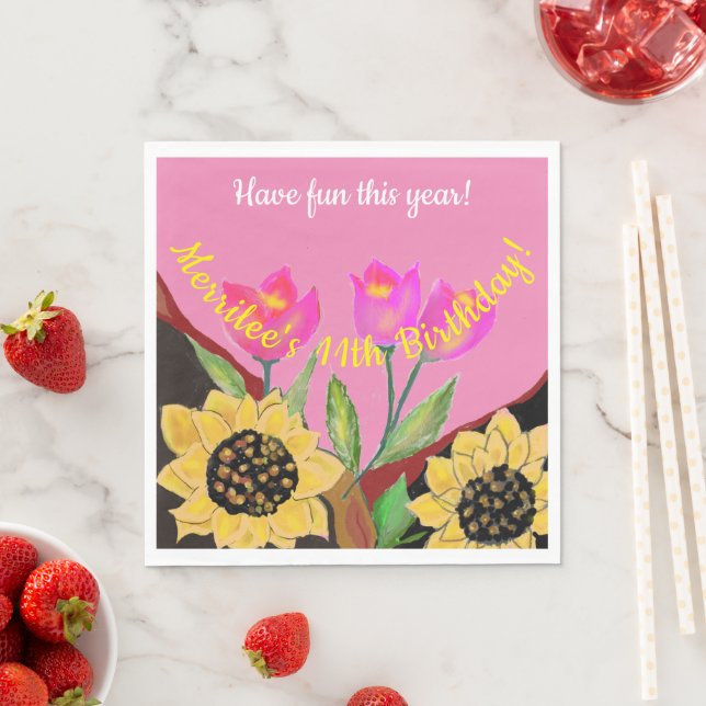 Colorful Flowers Pink Tulips & Yellow Sunflowers Napkins (Insitu)