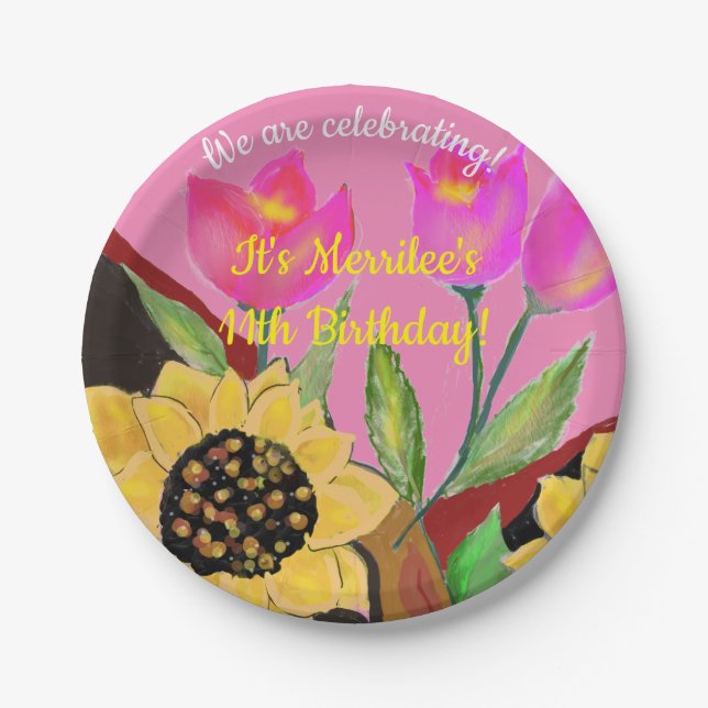 Colorful Flowers Pink Tulips & Yellow Sunflowers Paper Plates (Front)