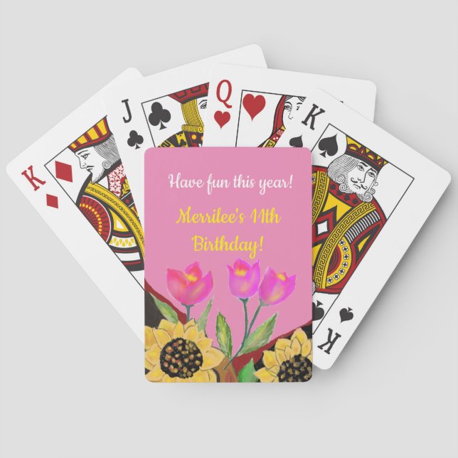 Colorful Flowers Pink Tulips & Yellow Sunflowers Poker Cards (Back)