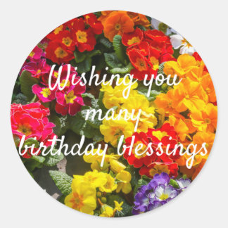 Colorful Flowers Primroses Birthday Blessings Classic Round Sticker