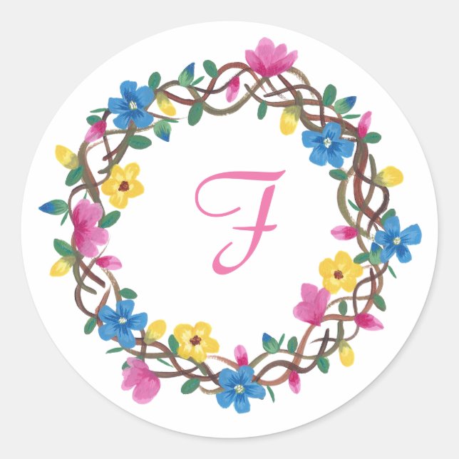 Colorful Flowers Round Frame Monogram Stickers (Front)