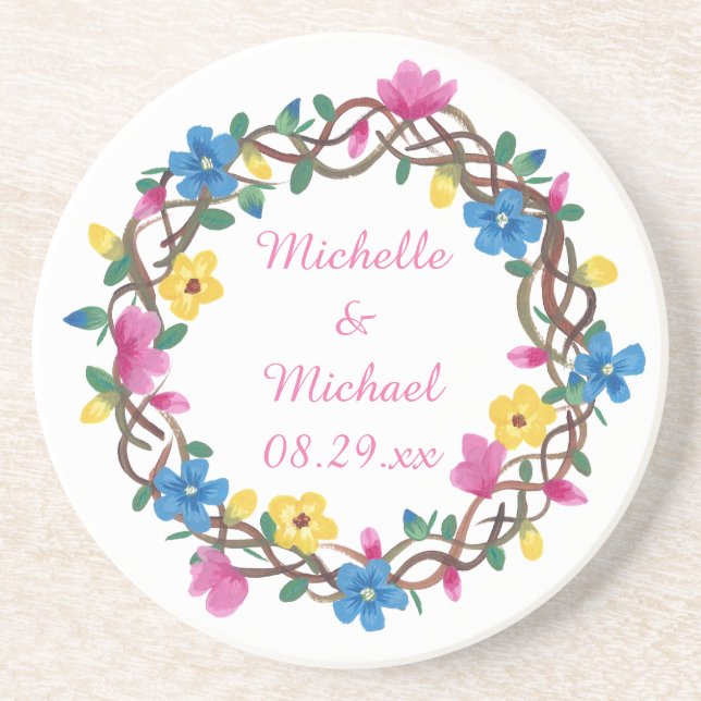 Colorful Flowers Round Personalized Coasters (Front)