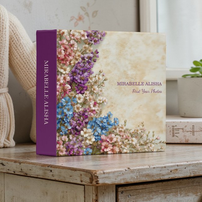Colorful Flowers Rustic Baby Photo Album 3 Ring Binder (Creator Uploaded)