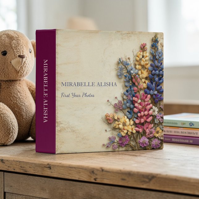 Colorful Flowers Rustic Baby Photo Album 3 Ring Binder (Creator Uploaded)