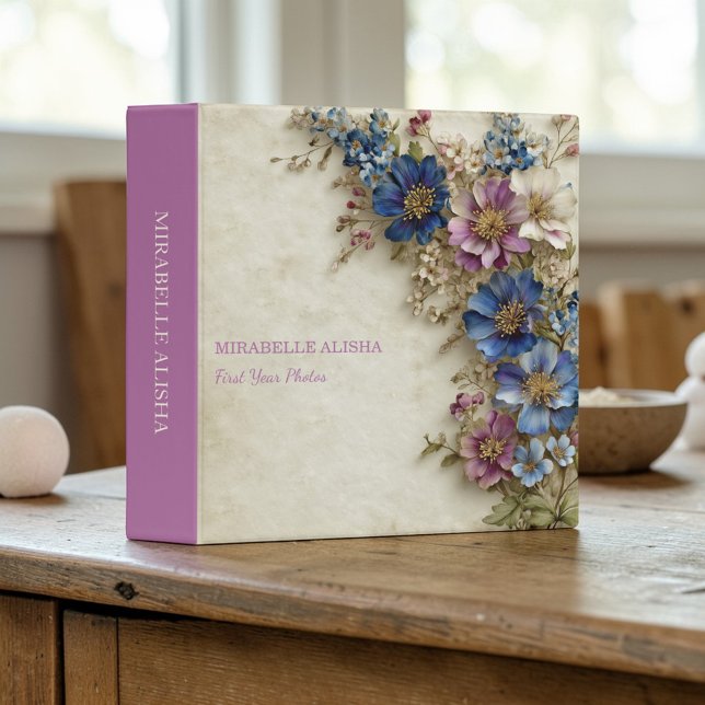 Colorful Flowers Rustic Baby Photo Album 3 Ring Binder (Creator Uploaded)