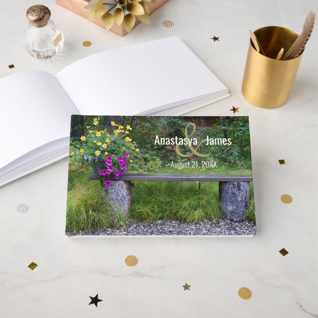 Colorful Flowers Rustic Bench Wedding Day Custom Guest Book (Front Open)