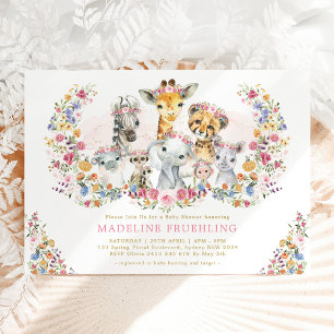 Colorful Flowers Safari Animals Girl Baby Shower Invitation