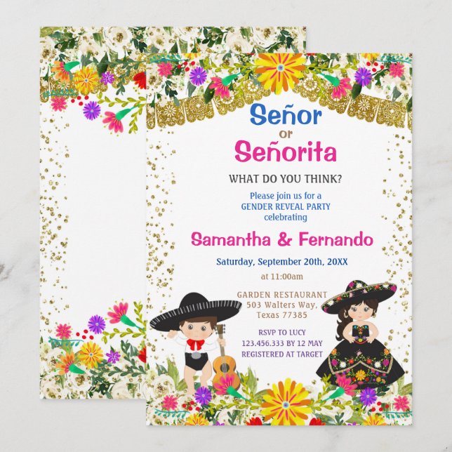 Colorful Flowers Señor or Señorita Gender Reveal  Invitation (Front/Back)
