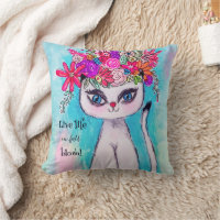 Colorful Flowers Siamese Cat Cute Illustration Fun Throw Pillow