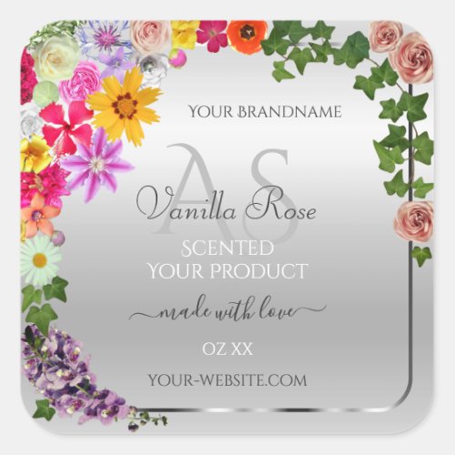 Colorful Flowers Silver Monogrammed Product Labels