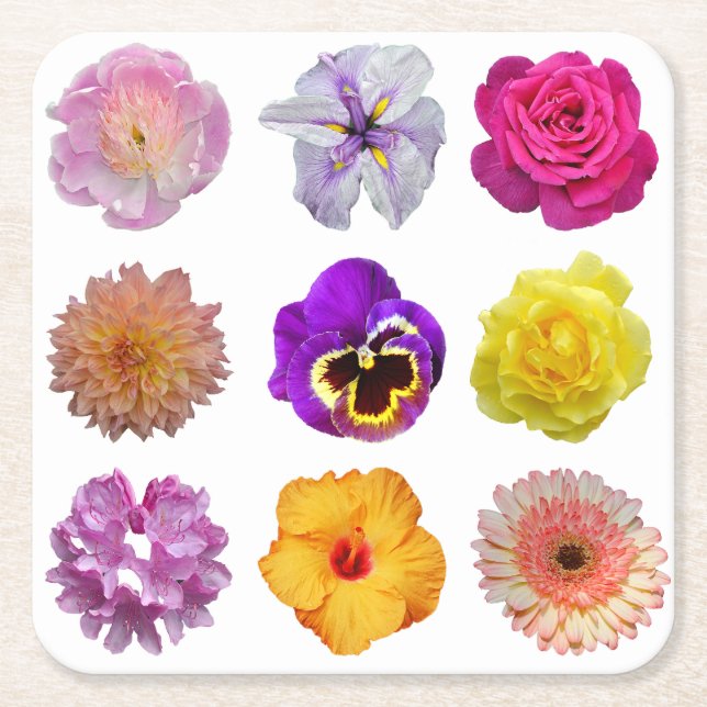 Colorful flowers square paper coaster (Front)
