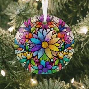 Colorful Flowers Stained Glass Ornament