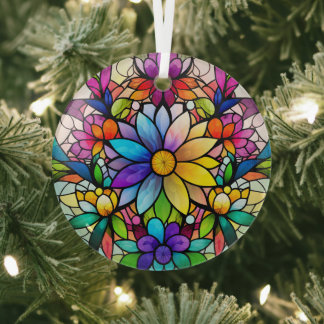 Colorful Flowers Stained Glass Ornament