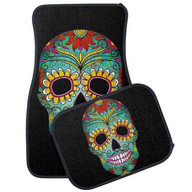 Colorful Flowers Sugar Skull Car Floor Mat (Set)