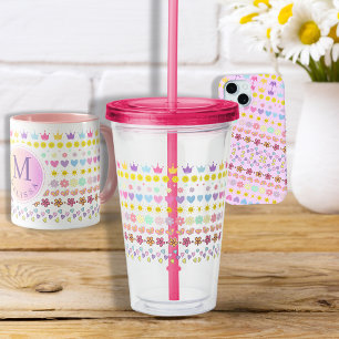Colorful Flowers Sun & Hearts Pattern, Pink Floral Acrylic Tumbler