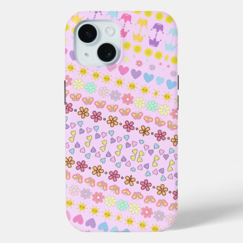 Colorful Flowers Sun  Hearts Pattern Pink Floral iPhone 15 Case