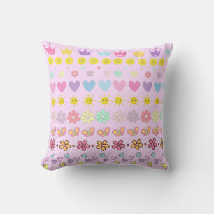 Colorful Flowers Sun & Hearts Pattern, Pink Floral Throw Pillow