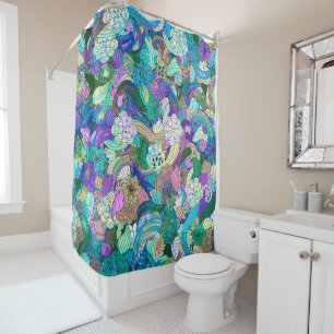 Colorful Flowers & Swirls Collage Pattern Shower Curtain