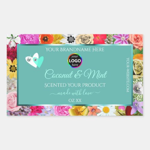 Colorful Flowers Teal Product Labels Hearts Logo