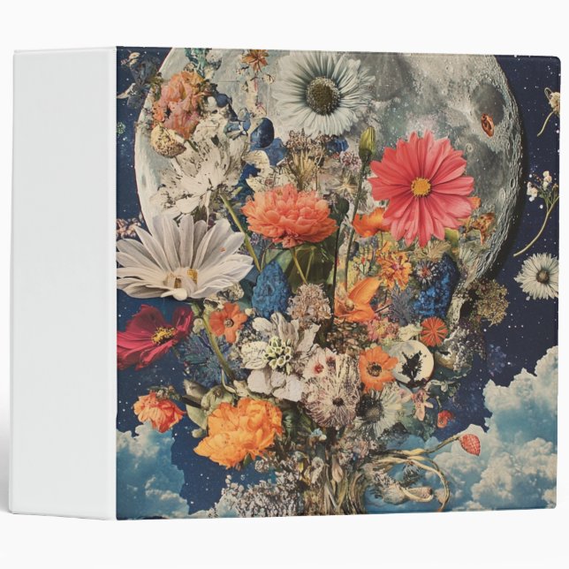 Colorful Flowers Under Full Moon 3 Ring Binder (Front/Spine)