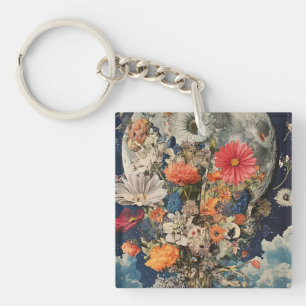 Colorful Flowers Under Full Moon Keychain