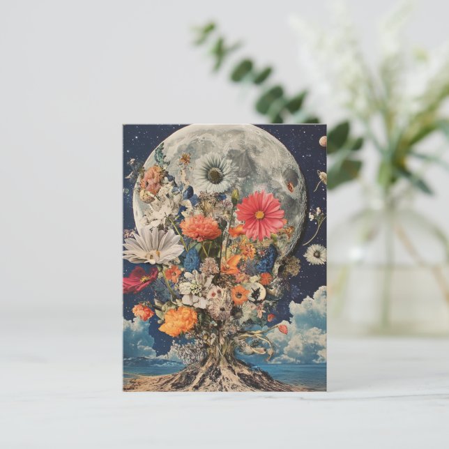 Colorful Flowers Under Full Moon Postcard (Standing Front)