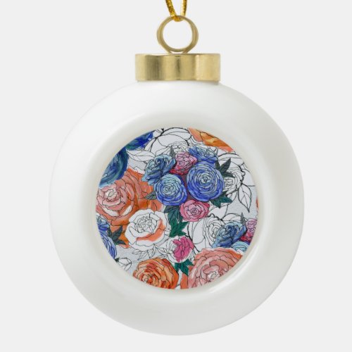 Colorful Flowers Vibrant Seamless Pattern Ceramic Ball Christmas Ornament