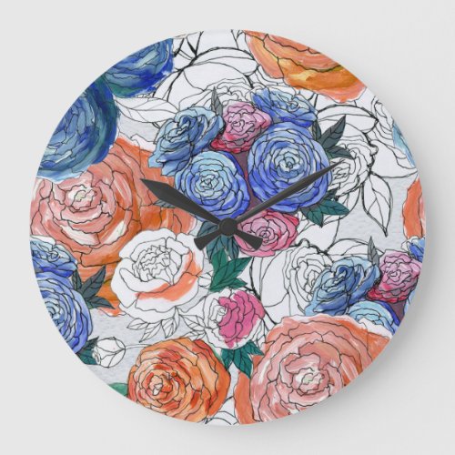 Colorful Flowers Vibrant Seamless Pattern Large Clock
