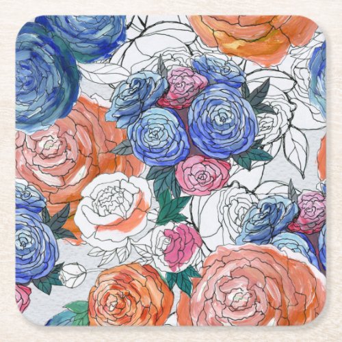 Colorful Flowers Vibrant Seamless Pattern Square Paper Coaster