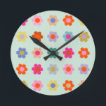 Colorful Flowers Vintage Floral Round Clock<br><div class="desc">Retro Flowers - Floral Print - Colorful Art - pink,  orange,  yellow,  green,  blue,  mint green.</div>