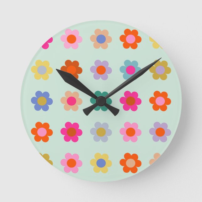 Colorful Flowers Vintage Floral Round Clock (Front)
