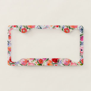 Colorful Flowers Watercolors Illustration Pattern License Plate Frame
