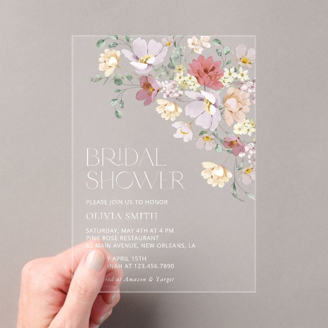 Colorful Flowers, Wildflowers, Boho, Bridal Shower Acrylic Invitations (Insitu (Handheld))