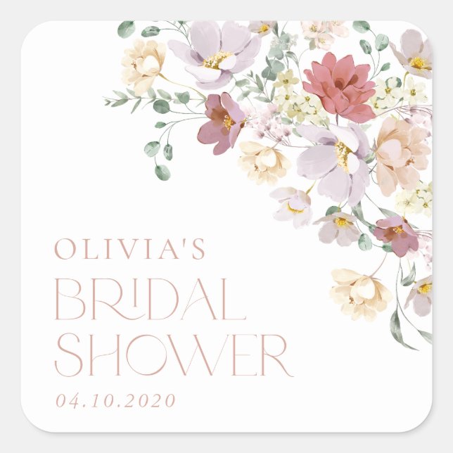 Colorful Flowers, Wildflowers, Boho, Bridal Shower Square Sticker (Front)