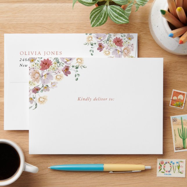 Colorful Flowers, Wildflowers, Boho, Wedding Envelope (Desk)