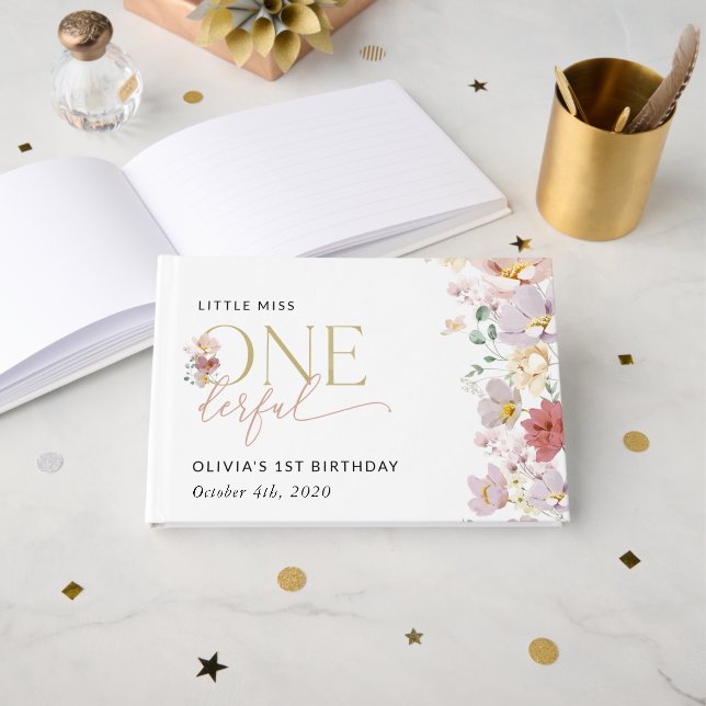 Colorful Flowers, Wildflowers, First Birthday Guest Book (Front Open)