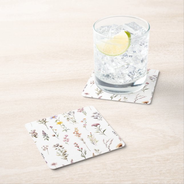 Colorful Flowers, Wildflowers, Garden Flowers Square Paper Coaster (Insitu)