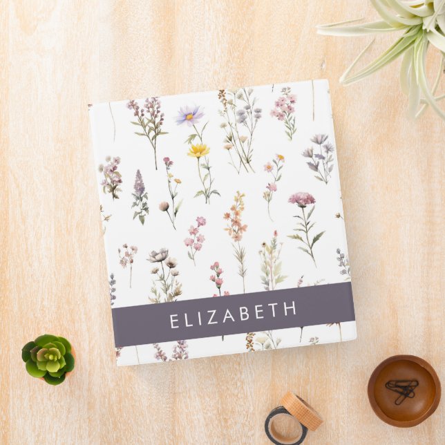 Colorful Flowers, Wildflowers, Greenery, Your Name 3 Ring Binder (In Situ)