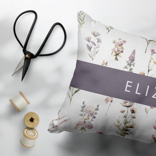 Colorful Flowers, Wildflowers, Greenery, Your Name Accent Pillow (Creator Uploaded)