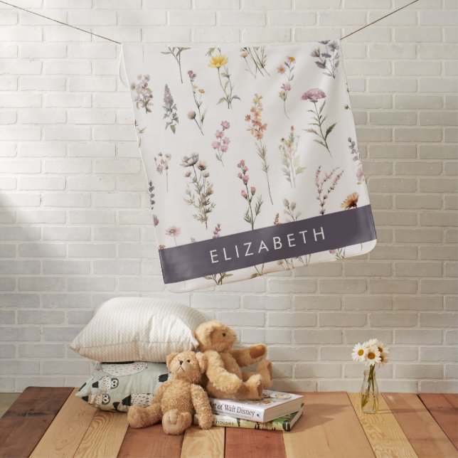 Colorful Flowers, Wildflowers, Greenery, Your Name Baby Blanket (In Situ)
