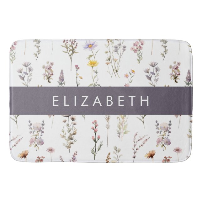 Colorful Flowers, Wildflowers, Greenery, Your Name Bath Mat (Front)
