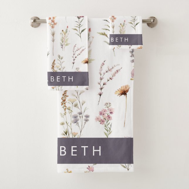 Colorful Flowers, Wildflowers, Greenery, Your Name Bath Towel Set (Insitu)