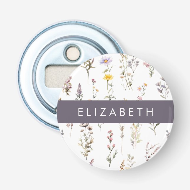 Colorful Flowers, Wildflowers, Greenery, Your Name Bottle Opener (Front)