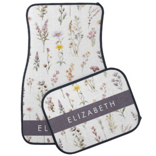 Colorful Flowers, Wildflowers, Greenery, Your Name Car Floor Mat