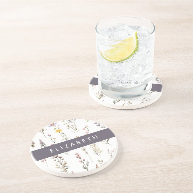 Colorful Flowers, Wildflowers, Greenery, Your Name Coaster (Side)